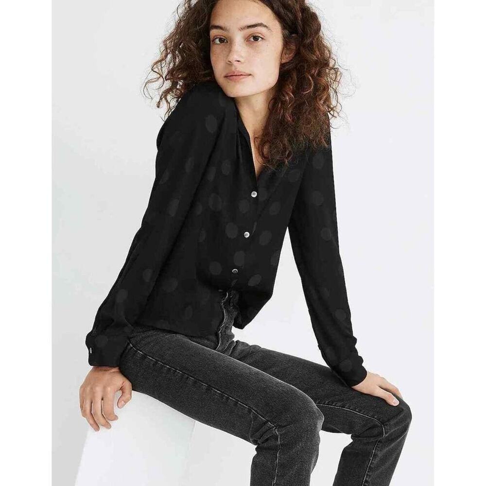 Madewell Jacquard Polka Dot Black Pajama Style Button Down Shirt Size Small